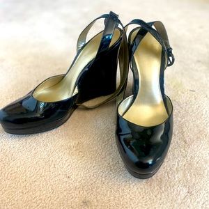 Nine West black patent ankle strap wedge heels. Size 7.5.